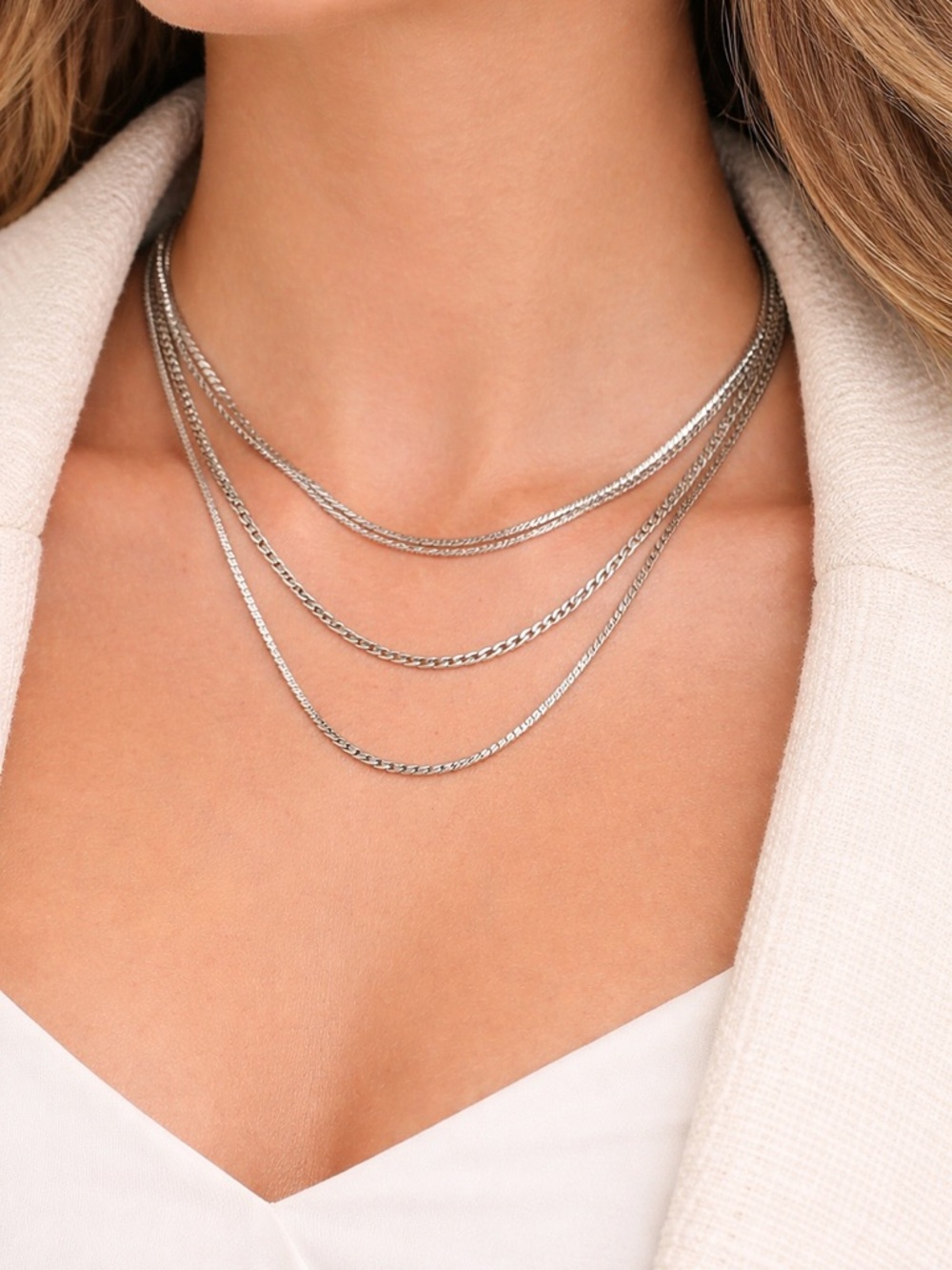 Vintage silver tone multi chain layered glam style necklace women